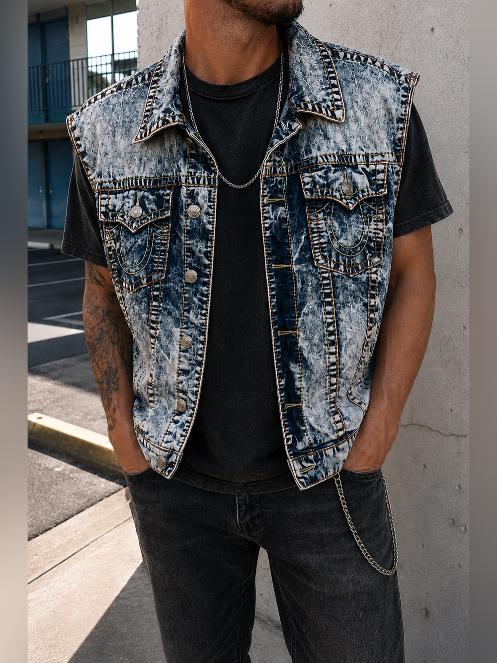 True Religion Acid Wash Denim Trucker Vest Sleeveless Jean Jacket Big Tall 3XL